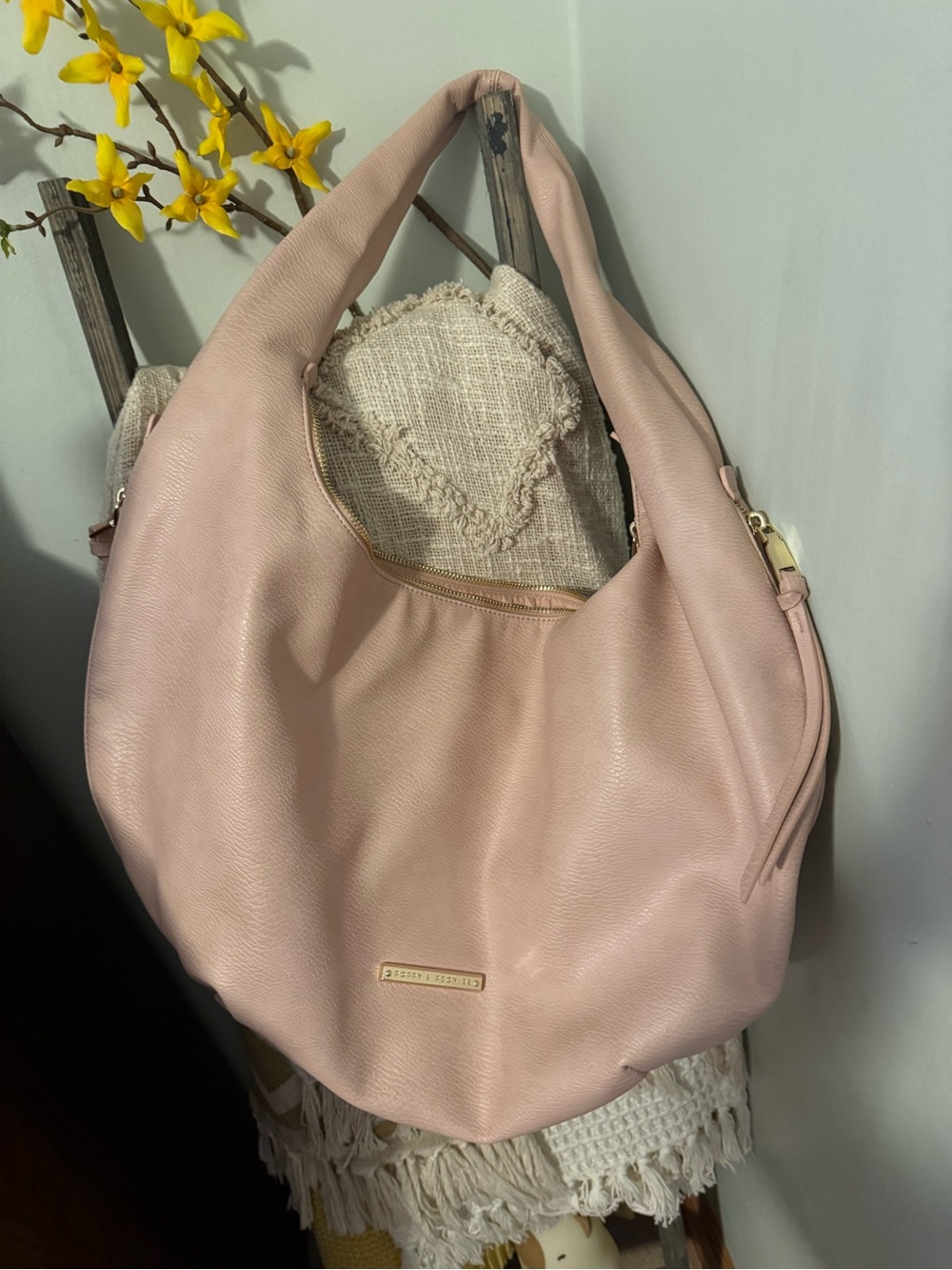 Poppy & Peonies Blush Leather Hobo Bag